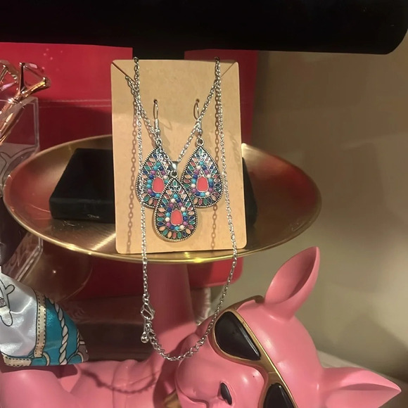 New Boho Necklace and Earring Set Adjustable Sterling Silver Chain 16-20” - Picture 2 of 3